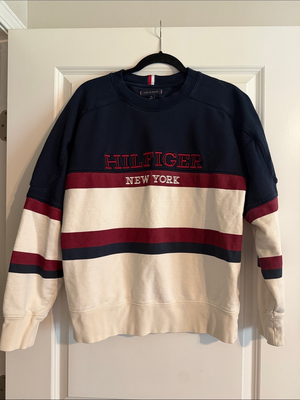 Tommy Hilfiger Navy, White & Burgundy Striped Crewneck Sweatshirt